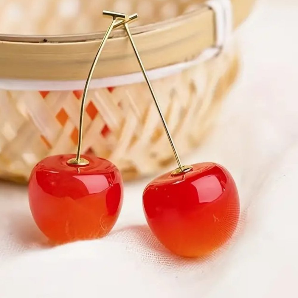 Earrings Cherry Red Drop Dangle 14K Gold Plated Ornament Bomb Sexy Glam Trendy - Picture 7 of 7